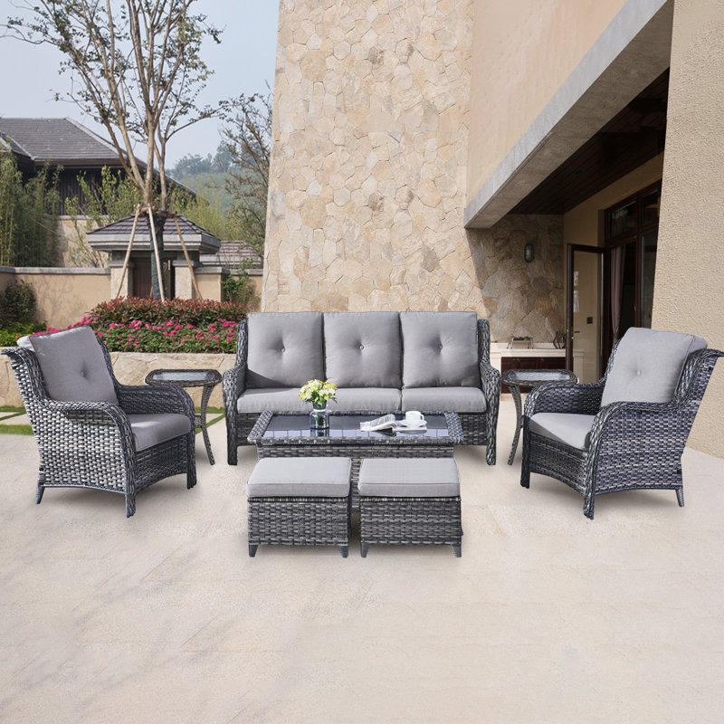 Bonia Wicker 5 - Person Patio Conversation Set with Cushions, Gray Frame/Gray Cushion 