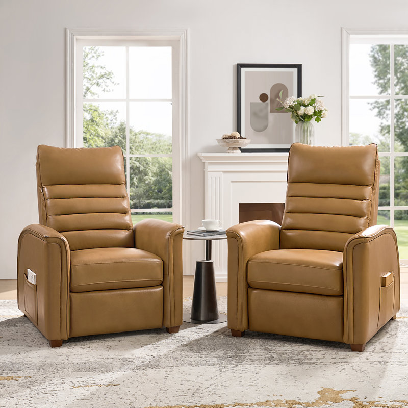Myhaylo Mid-Century Modern Genuine Leather Power Zero Gravity Recliner with Adjustable Footrest and Headrest(Set of 2), Camel