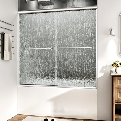 Porte de baignoire coulissante en verre trempé nano 1/4 "60" x 58 "à cadre en aluminium avec poignées en acier inoxydable, nickel