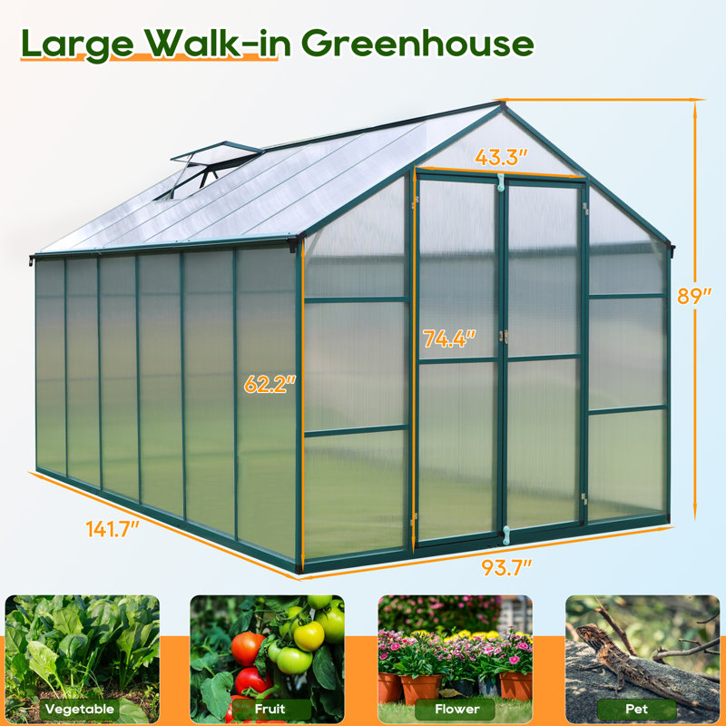 7.8 Ft. W Polycarbonate Green Greenhouse with Adjustable Roof Vent and Rain Gutter, 89" H x 93.7" W x 141.7" D