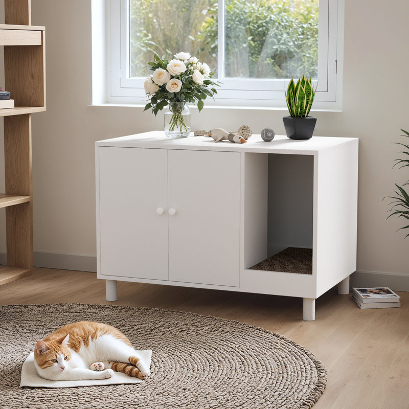 Modern Cat Litter Box Enclosure With Cat Scratching Board, Hidden Cat Litter Box Furniture Storage Cabinet, White