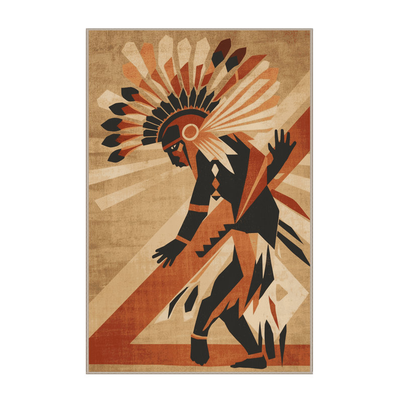 Machine Washable Newberry Hopi Kachina Global Inspired Block Print Rug in Brown – Beige Binding, 5x8