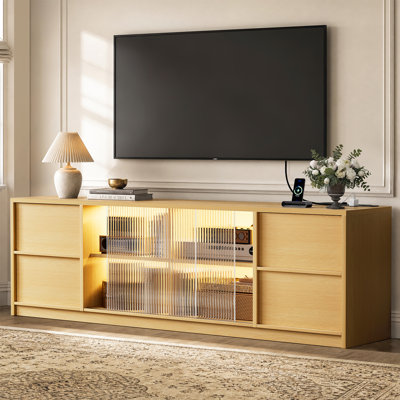 Meuble télé en chêne naturel de 67 pouces, console multimédia pour téléviseurs jusqu'à 70 pouces.