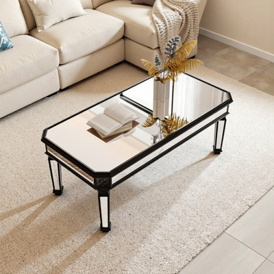 Table basse à miroir argenté avec pieds en bois sculpté rétro, table de centre moderne pour la vie et le bureau