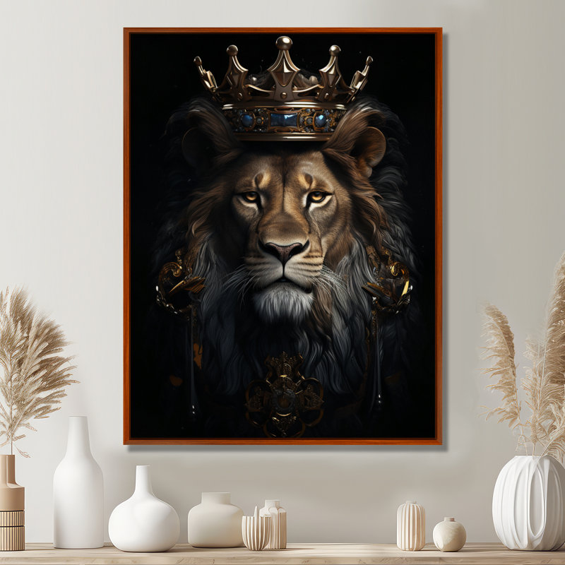 «Majestic Lion King with Golden Crown», reproduction sur toile, Cadre flottant brun, 40" H x 30" W