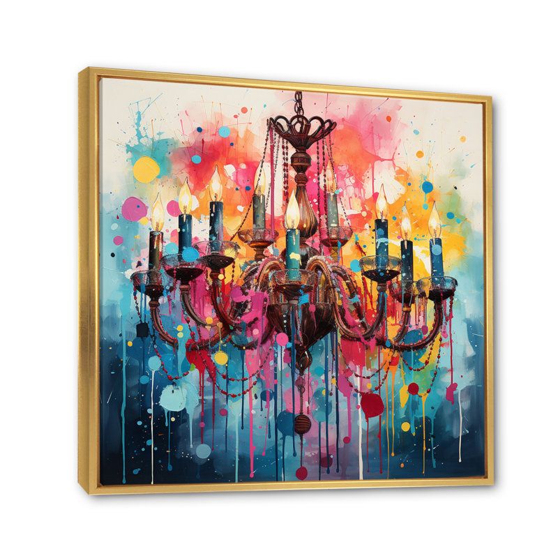 Chandelier Retro Glamour Pointillism I - Chandelier Canvas Prints, H 30 po x l 30 po x P 1 po, Cadre flottant doré