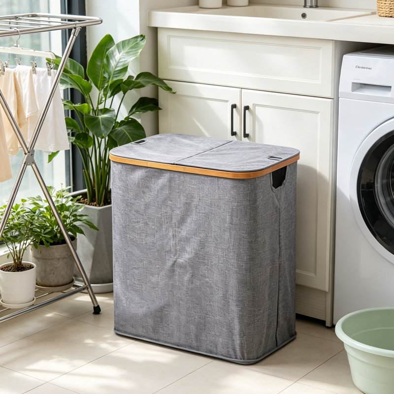 Double panier à linge avec couvercle, corbeille à linge en tissu à 2 compartiments avec structure en bambou, grand rangement pliant pour la salle de bain