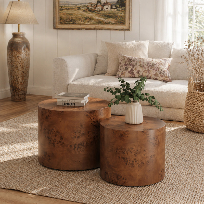 Ensemble de 2 tables basses gigognes, tables basses rondes modernes, tables d'appoint circulaires en bois pour petits espaces, salon, chambre à coucher, balcon, bureau, tambour, table d'appoint, ronce brune