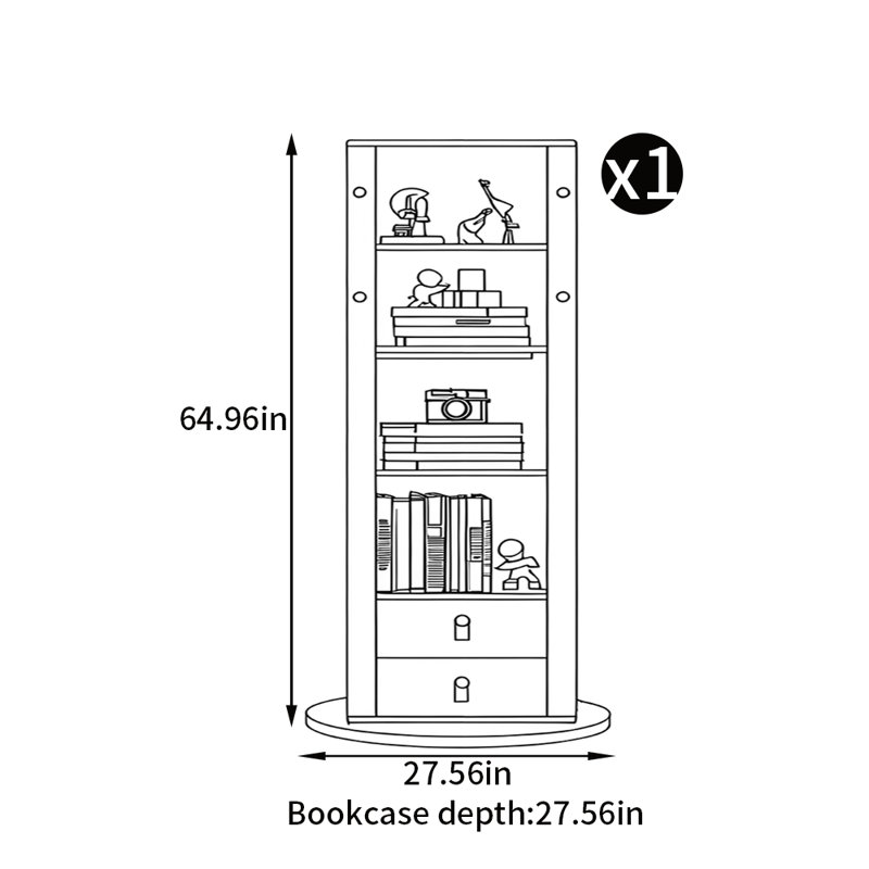 Rotating bookcase with mirror, Gray, (4 Shelves) 64.96" H x 27.56" W x 27.56" D