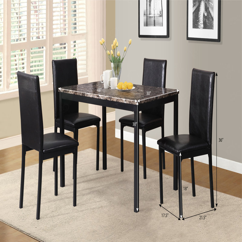 Ensemble 5 pièces de coin-repas en métal avec plateau en faux marbre stratifié, Noir, noir, noir, noir, Multi-couleur