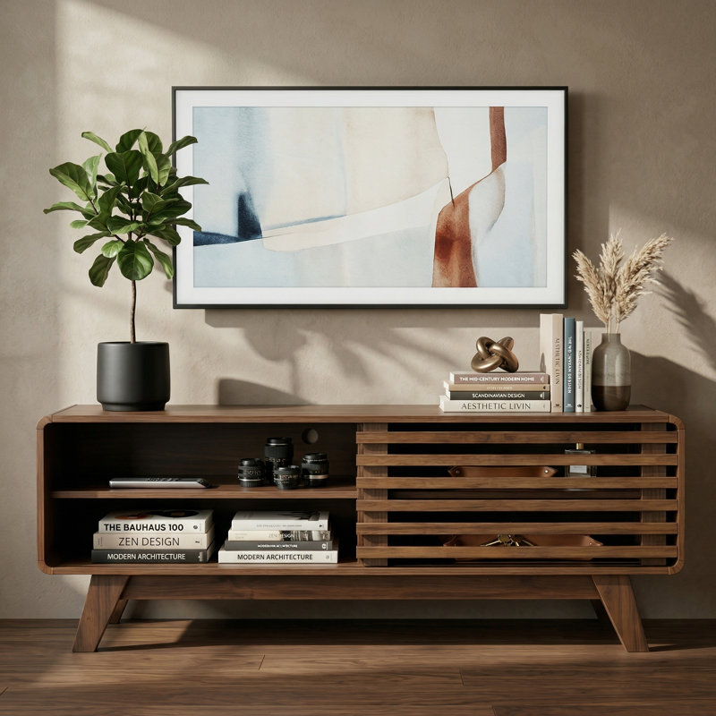 Meuble télé de style Mid-Century moderne en noyer de 46 po avec porte coulissante à lattes et console multimédia pour le salon