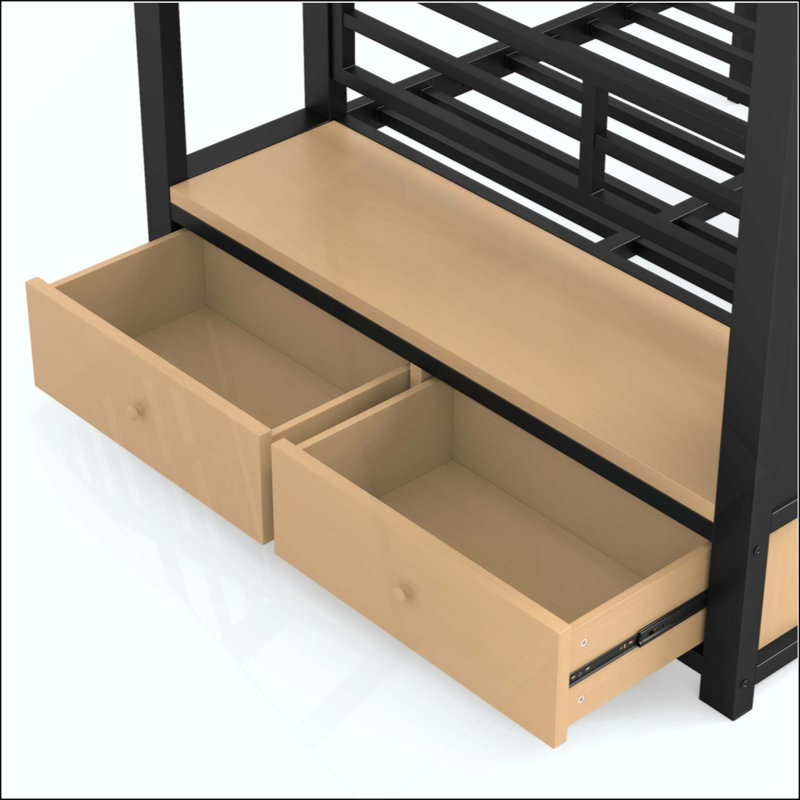 Lit superposé en métal pour adolescents avec tablettes de rangement, tiroirs et panneau perforé
