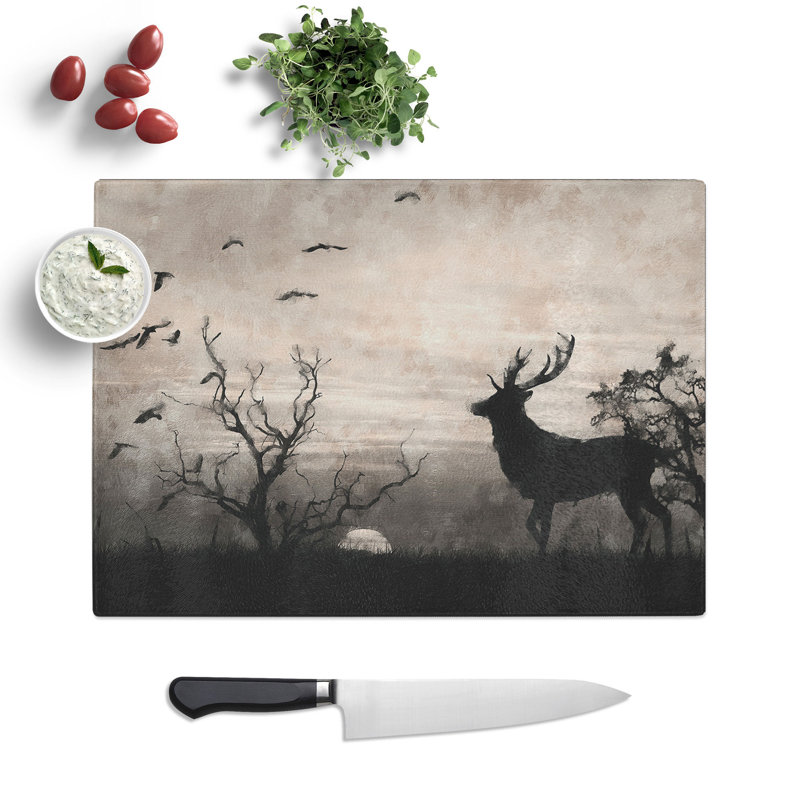 Tempered Glass Stag Deer with Birds Chopping Board, 28.5 cm x 39 cm