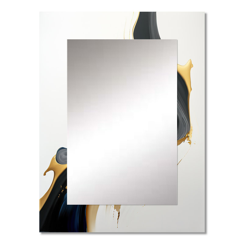 Black, White And Gold Liquid Art II - Liquid Ink Decorative Mirror, Black Wall Mirror, Printed Metal Art, 32" x 24"