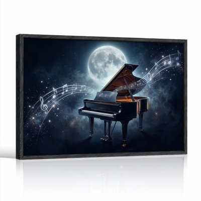 Black Grand Piano With Glowing Notes And Full Moon Canvas Wall Art