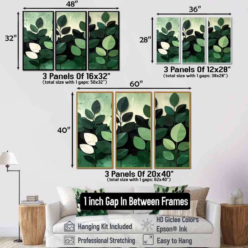 Green Plants Botanical Bliss - Ensemble de décoration murale plantes, Toile encadrée flottée blanche