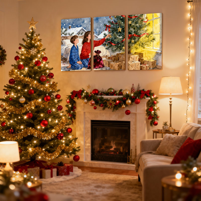 Les enfants de Noël décorent un arbre de Noël avec des cadeaux, ensemble de 3 impressions sur toile, H 18 po x l 36 po