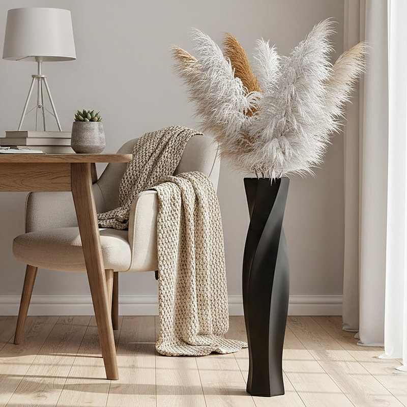 Vase de plancher Hexagon Twist - Vase décoratif en résine pour herbe de pampa, foin et fleurs séchées, 27.5 In, Noir