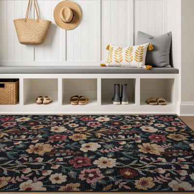 Tapis de jardin à motifs floraux multicolores, lavable à la machine, en polyester avec dos antidérapant