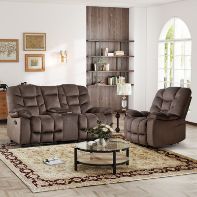 2-Piece Reclining Living Room Set With Power Heated Massage Recliner & Manual Loveseat With Console