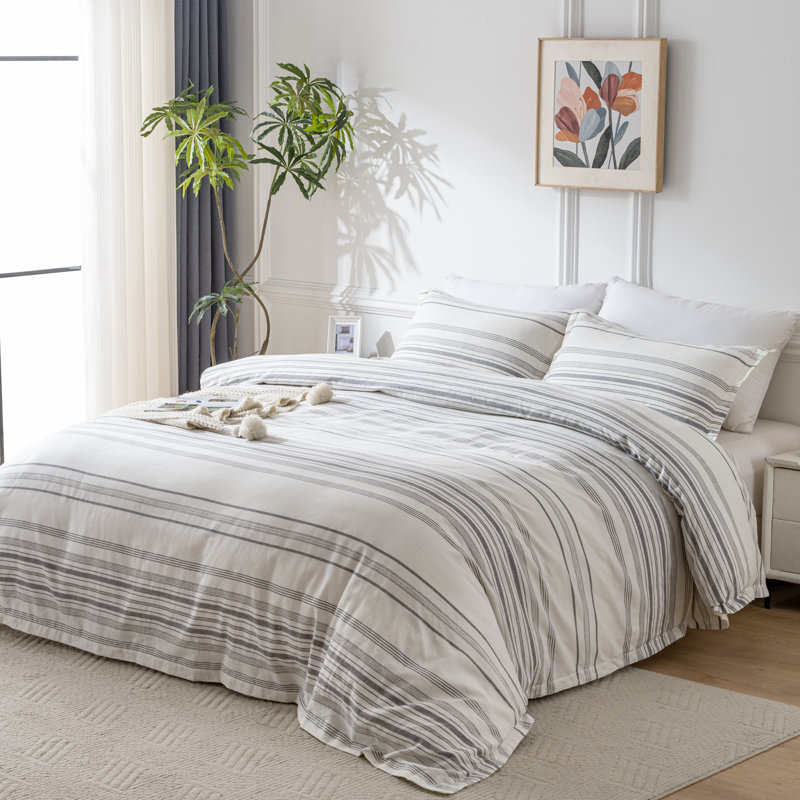 Stone Washed French Linen Cotton Duvet Cover 3Pcs Set, Woven Herringbone Stripe, All season comfortable, Machine Washable.