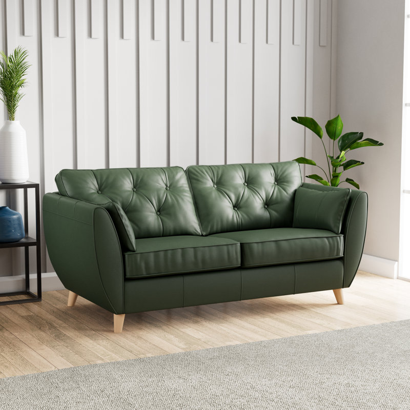 Marylin 3 Seater Leather Sofa, Hunter Green, Light Wood