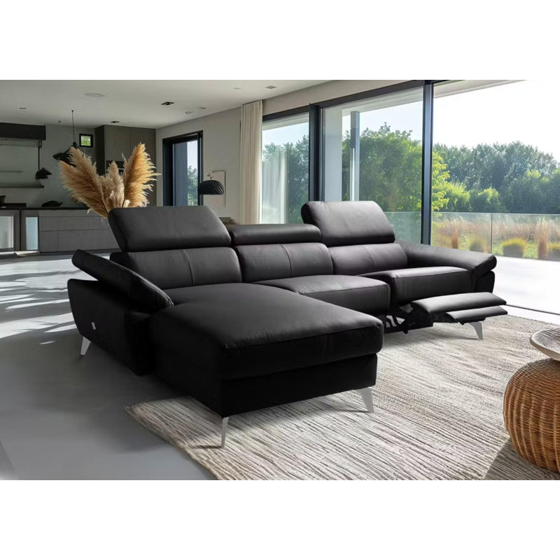 Milton Keynes Italian Leather Electric Reclining Corner Sofa with Adjustable Headrests and Adjustable Armrests, Black