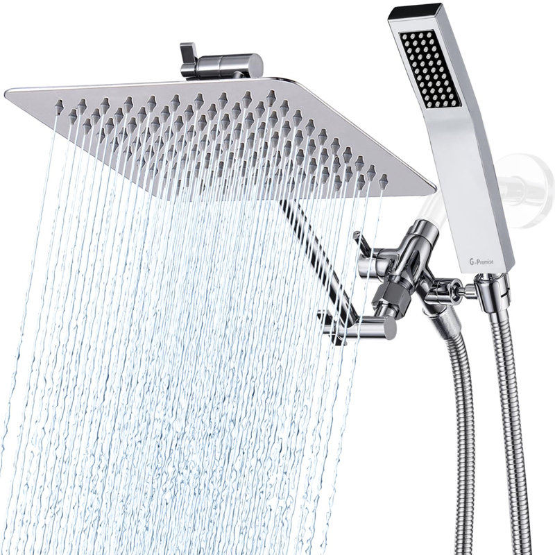 All Metal Dual Square Rain Shower Head with Handheld - Adjustable Arm & 3-Way Diverter