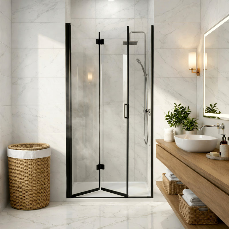 34-35.2 in. Semi-Frameless Folding Pivot Hinged Shower Door, 1/4" Tempered Glass, Reversible Matte Black Bifold Panel