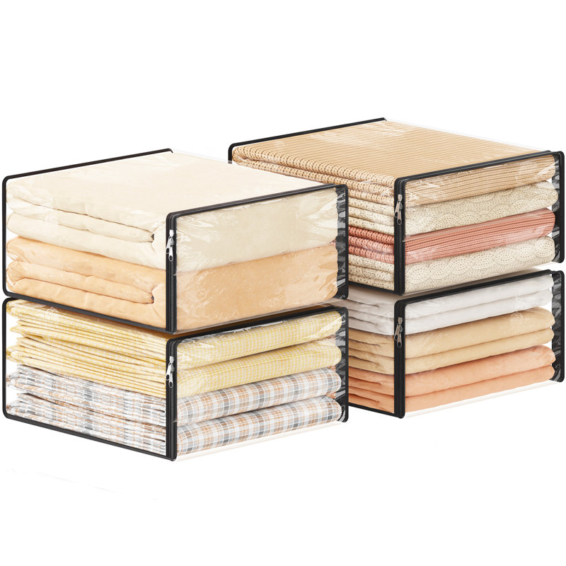 Paquet de 4 sacs de rangement transparents pour vêtements de 14 L avec fermeture à glissière, rangement pour chandail en plastique, organisateurs de couvertures pliables en vinyle, sac de déplacement pour drap de lit, vêtements