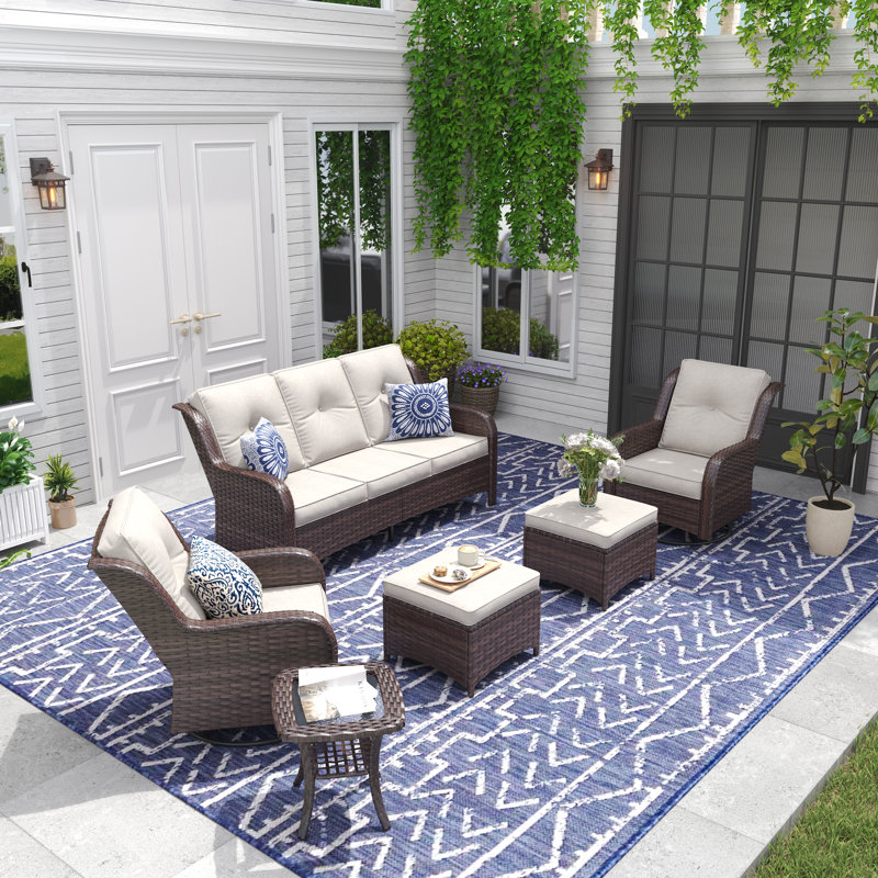 Ensembles de conversation d'extérieur Pe Wicker, Coussin bleu marine / structure brune