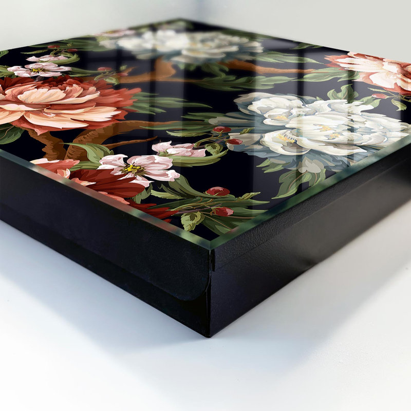 Key box for wall, Opens to the left, 30x30x5, White, Flowers with leaves on a dark background, 