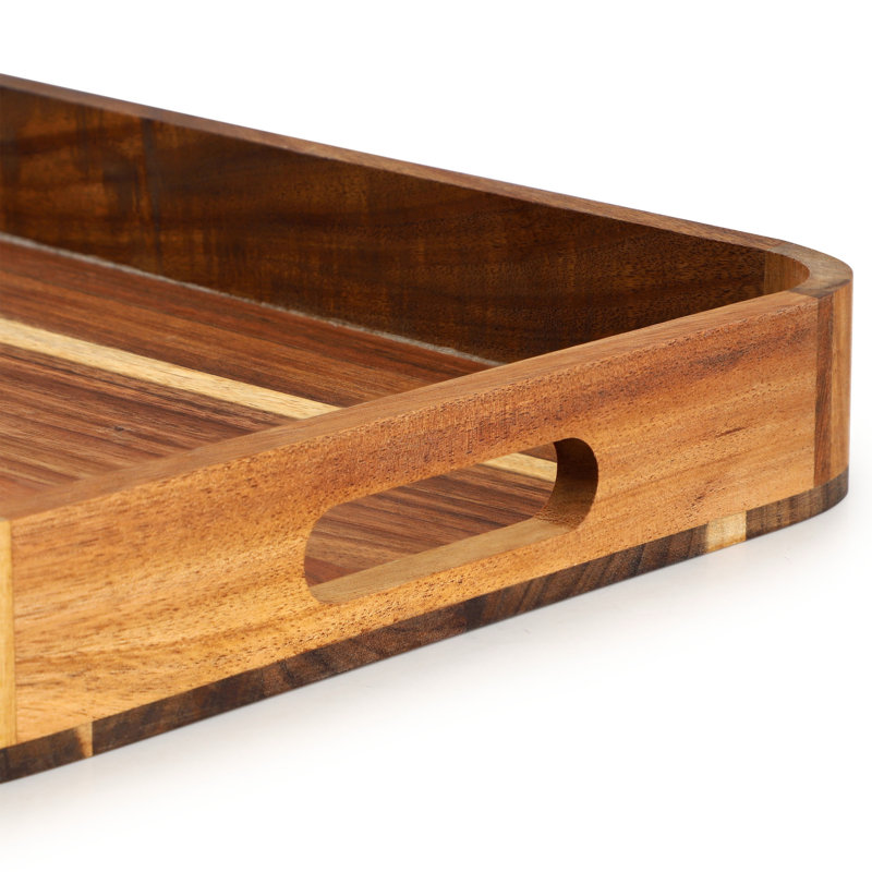  Plateau de service rectangulaire en bois d'acacia 17,75 x 12 pouces