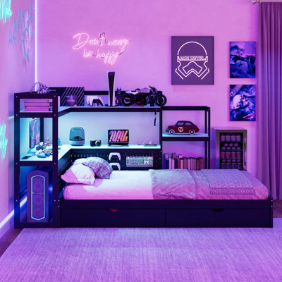Twin Size Corner Bed with Bookcase, LED Gaming Daybed with Desk, Charging Station and 3 Storage Drawers, Modern L-Shaped Twin Bed Frame with Pegboard Headboard, Black and Blue