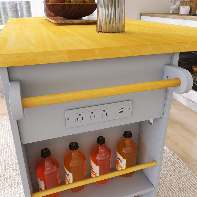 53" Drop-Leaf Countertop Kitchen Cart With Spice Rack & Towel Rack, Gray