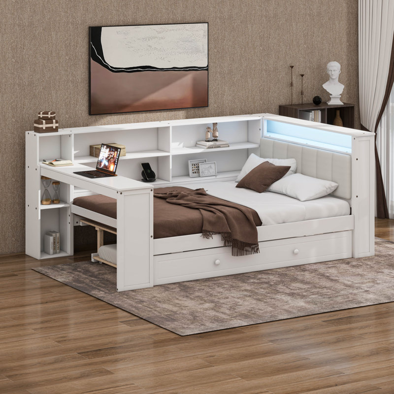 Full Size Platform Bed With Upholstered Headboard, Built-In Desk, 8 Storage Shelves, Pull-Out Trundle, LED Lights