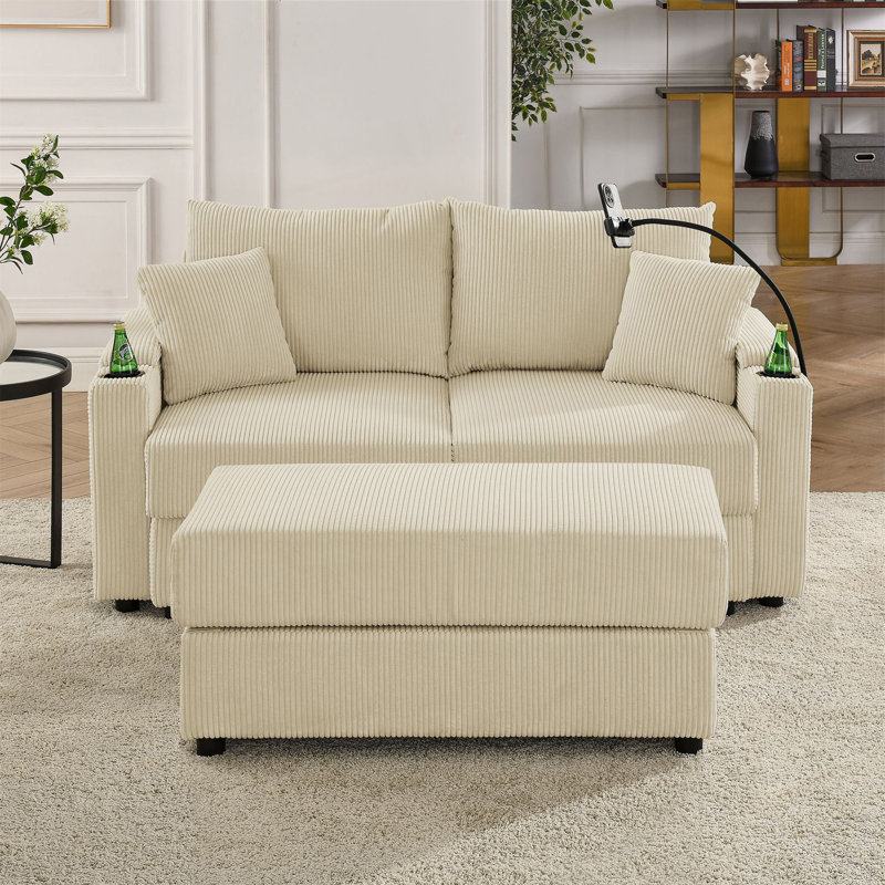 Canapé moderne avec rangement et repose-pieds, canapé à assise profonde avec porte-gobelets et porte-téléphone, canapé confortable