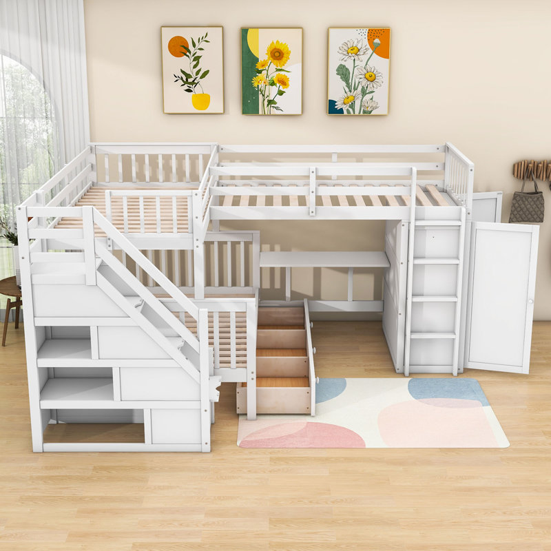 Jaritsa Twin and Twin over Full Wooden L-Shaped Bunk Bed With Portable Desk and Wardrobe - Thumbnail 3