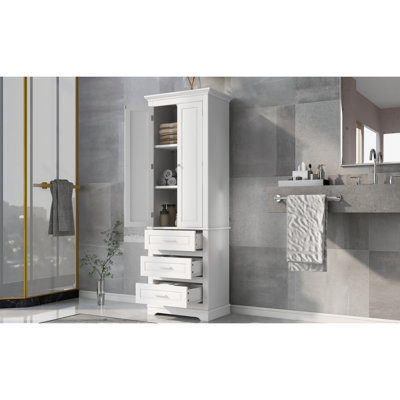 Tall Storage Cabinet With Three Drawers For Bathroom/Office, White