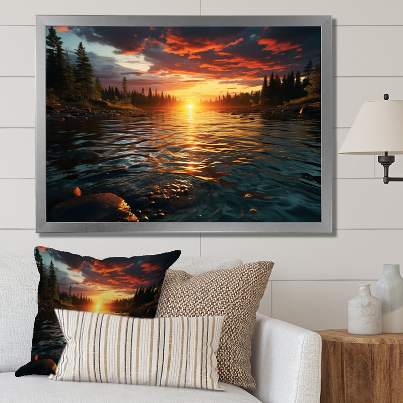 Coucher de soleil sur les eaux scintillantes, H 30 po x l 40 po x P 1,5 po, Cadre photo argenté