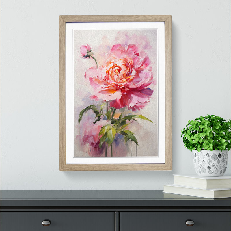 XYZ-FRM-V1223-5074 Peony Flower Gestural No.3 1 Piece Single Picture Frame Wall Art, 64cm H x 46cm W x 2cm D, Oak