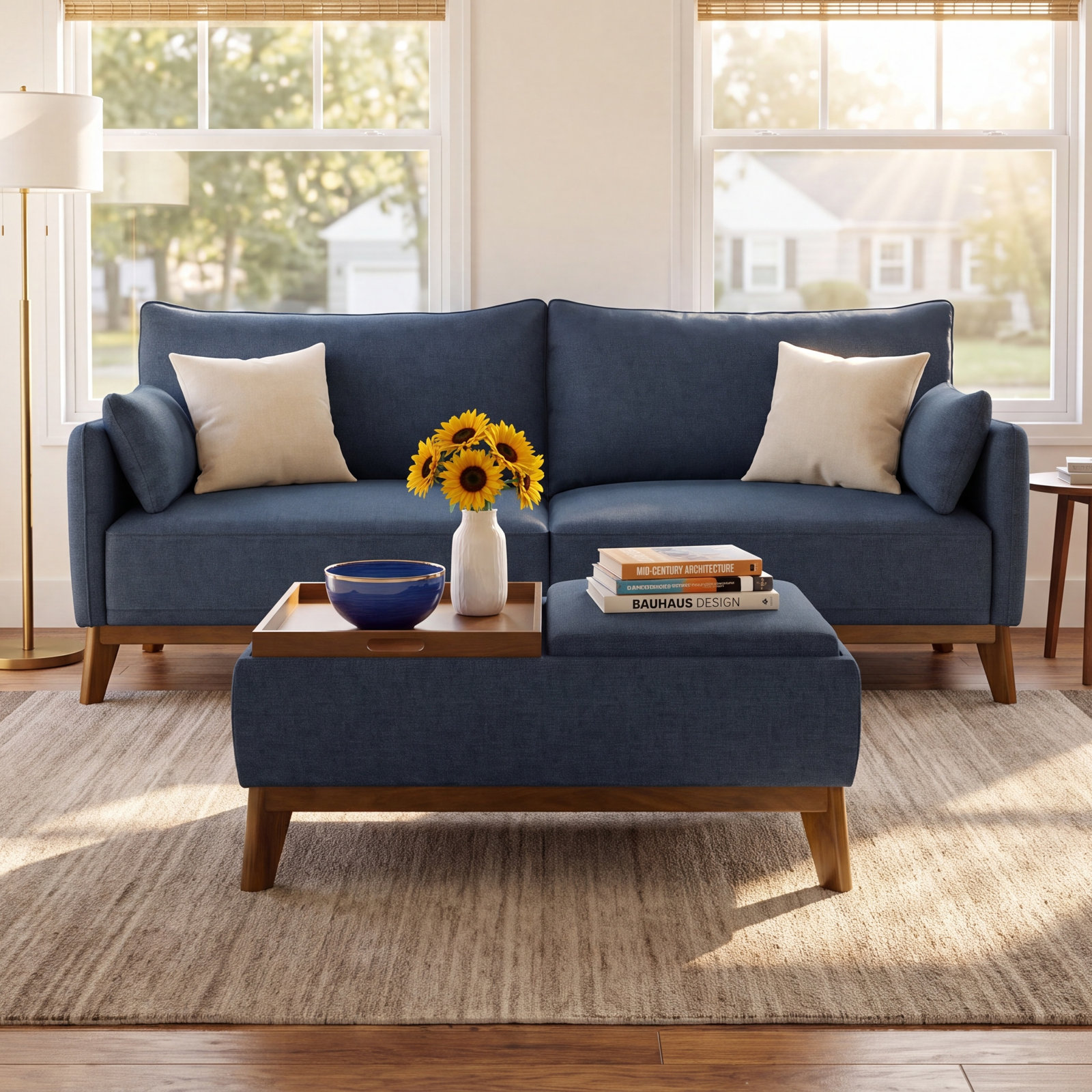 Upholstered Sofa With Storage And Tray Ottoman
