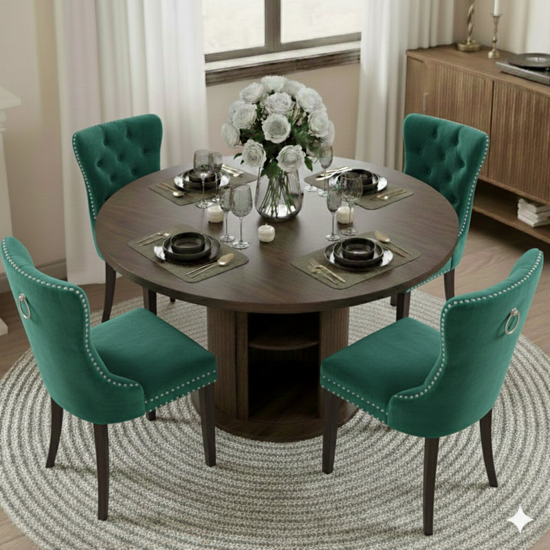 5 Pieces Round Dining Table Sets For 4-6 People, Green/Black