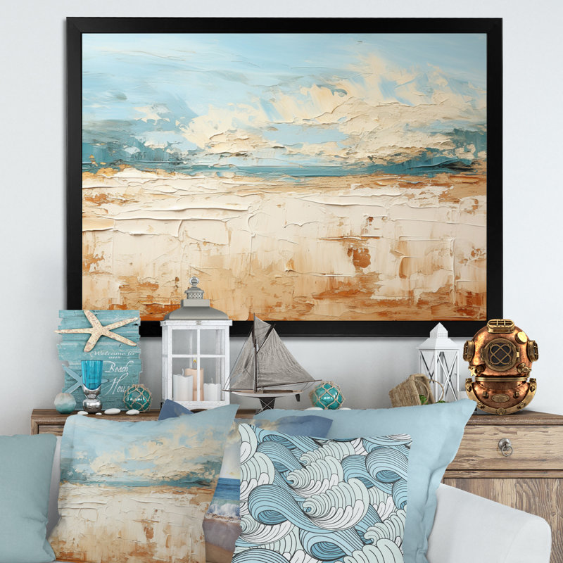 Coastal Beach Sand Whispers I - Décoration murale plage côtière, Cadre simple noir, H 24 po x l 32 po x P 1 po