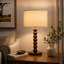 Lampe de table effilée en bois de noyer massif 17,5 "avec abat-jour tambour en lin, lampe de chevet moderne avec base E26 pour chambre à coucher, salon-1180501228