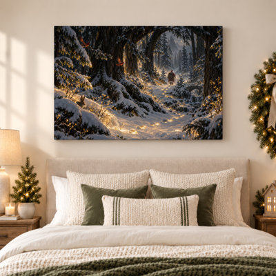Toile enneigée, sentier de forêt avec père Noël et lumières rougeoyantes, art mural sur toile