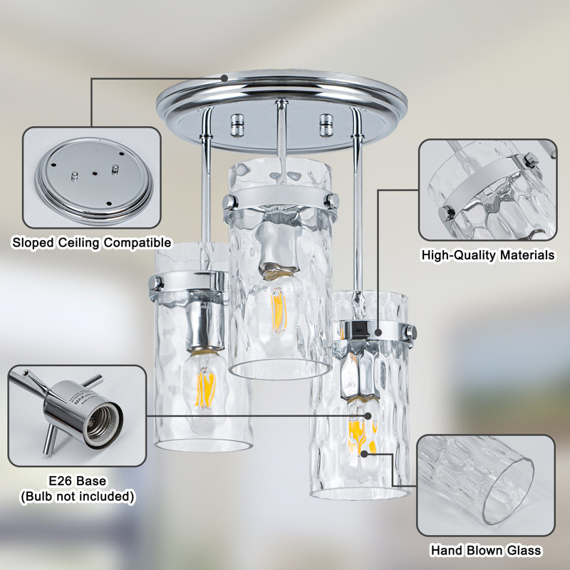 Levona 3- Light Semi Flush Mount Ceiling Light with Clear Hammered Glass Shade (Chrome), Chrome