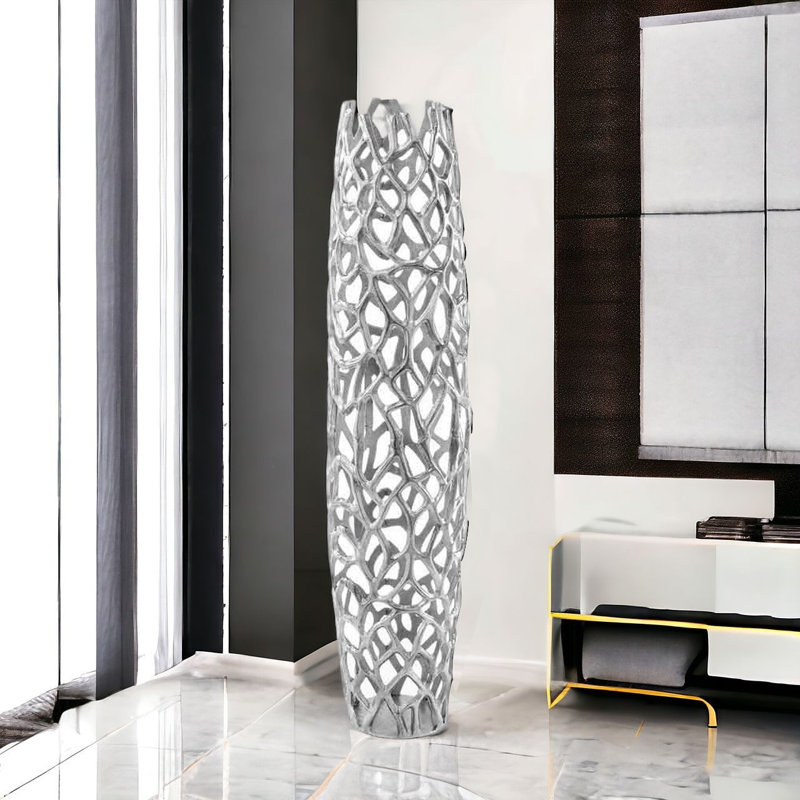 Vase de plancher Babylone Rama, H 40 po x l 6 po x P 9 po, Argent
