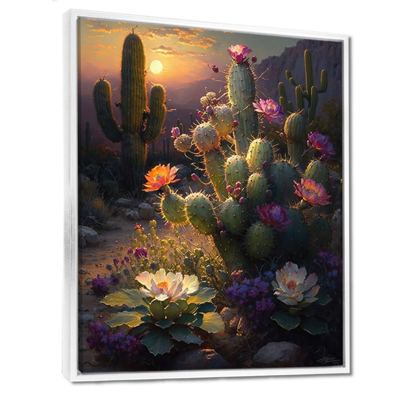 Cactus dans le désert I - montagnes, art mural, H 40 po x l 30 po, Cadre flottant blanc
