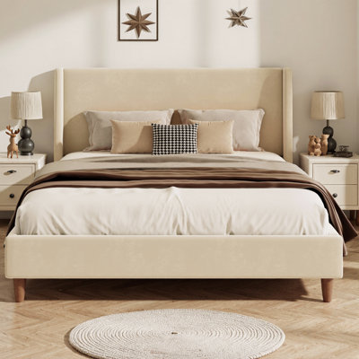 Modern Beige Velvet Upholstered Platform Bed with Wingback Headboard and Walnut Wooden Legs, No Box Spring Needed with Wood Slat Support, 600 lb Capacity